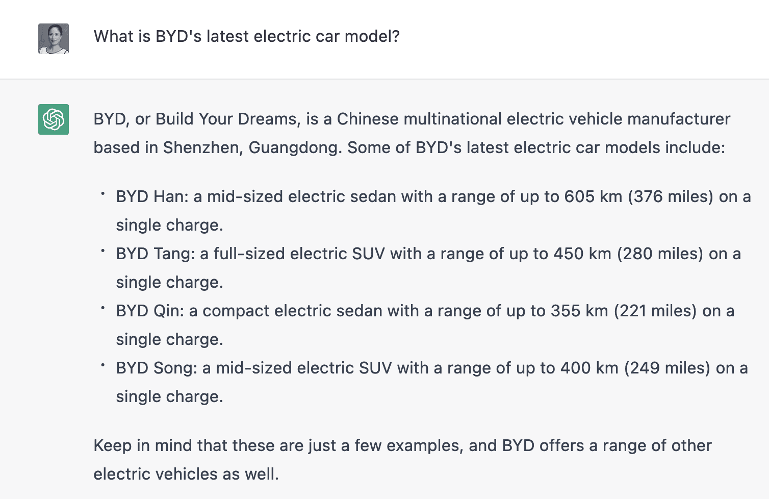 ChatGPT-3: "What are the latest models of BYD electric vehicles?" KellyOnTech