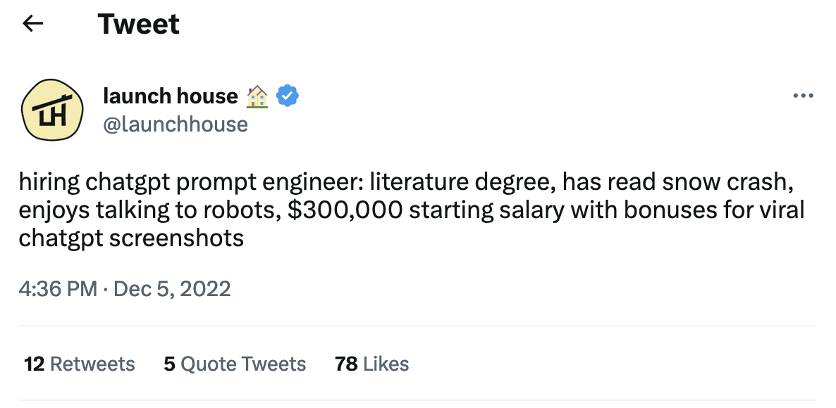 Image source: Twitter. Launch House job posting prompt engineer KellyOnTech